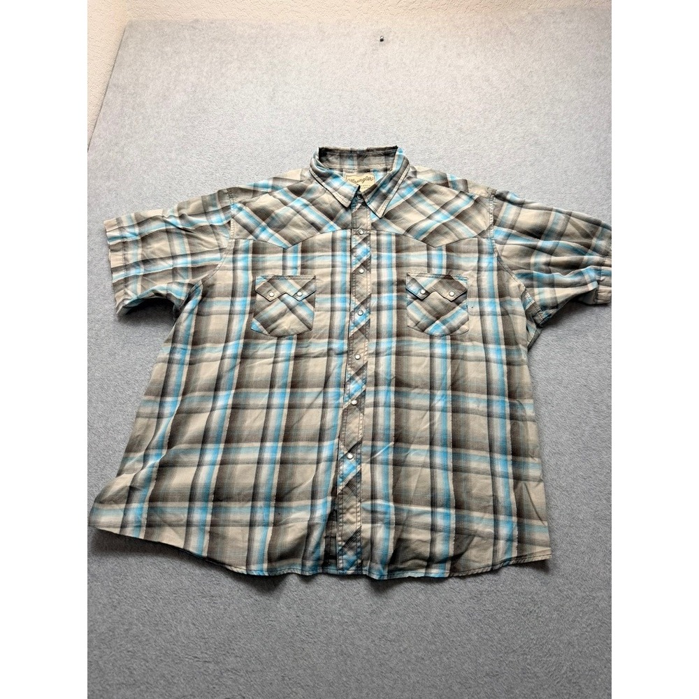 Wrangler Western Fashion Snap Shirt Mens 2XL Blue Tan Plaid Short Sleeve Pearl